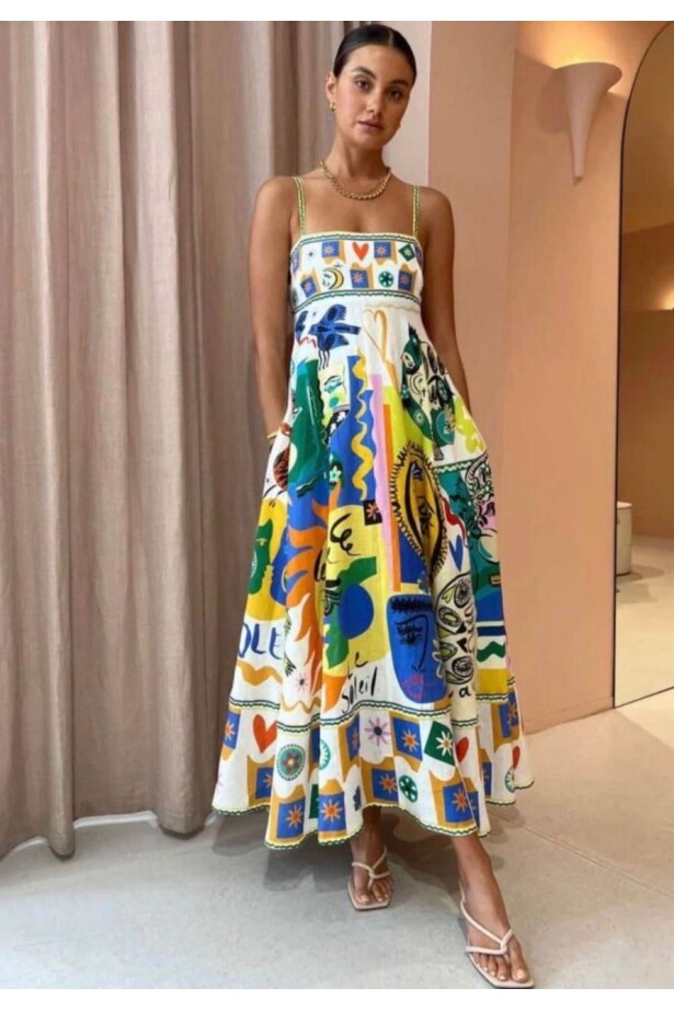 Desenli Kare Yaka Elbise İthal Krep Kumaş