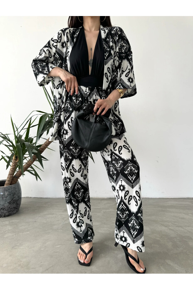 Desenli Kimono Ve Pantolon İkili Takım