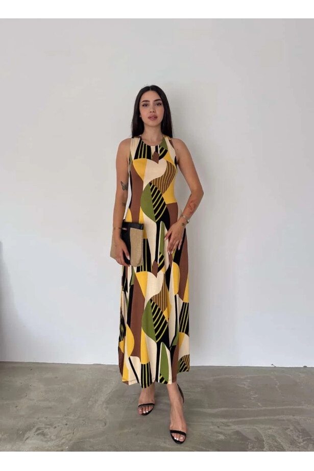 Desenli Sırt Çapraz Detay Elbise