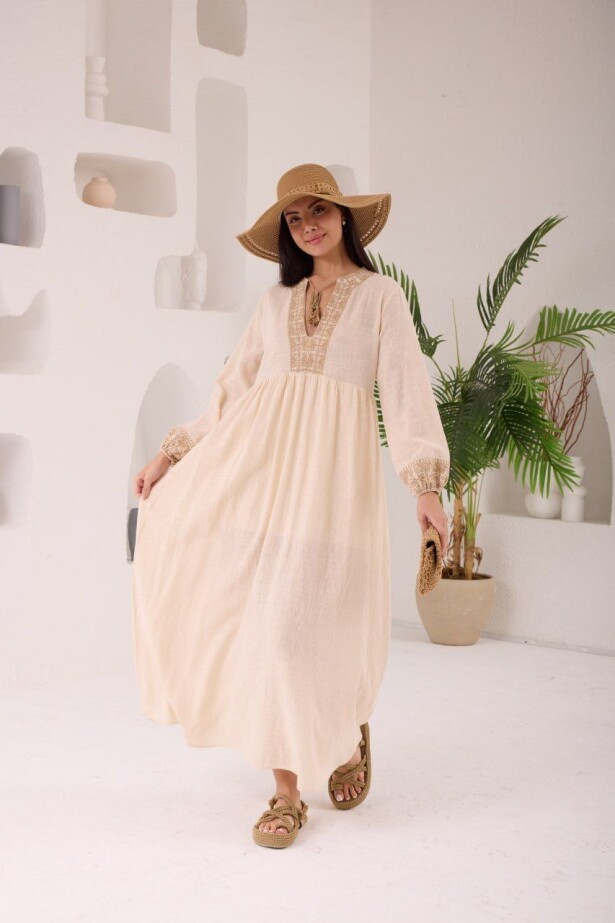 Etnik Desen Boyundan Bağlamalı Elbise Bej