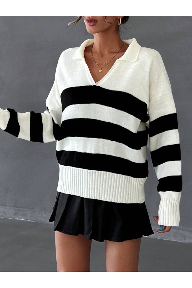 Gömlek Yaka Detay Çizgili Triko Kazak