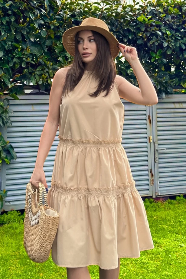 Halter Yaka Fırfırlı Midi Elbise