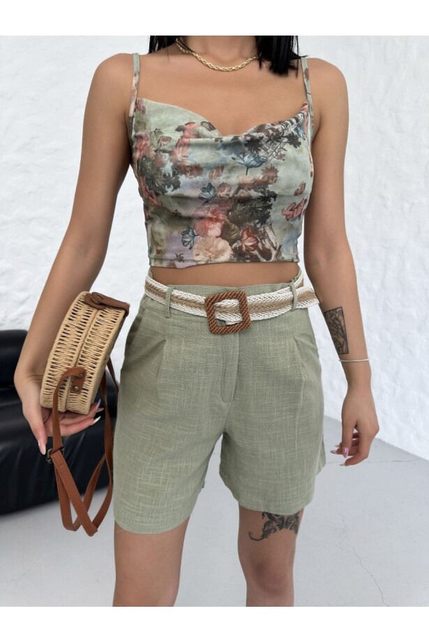 Hasır Kemer Astarlı Keten Şort