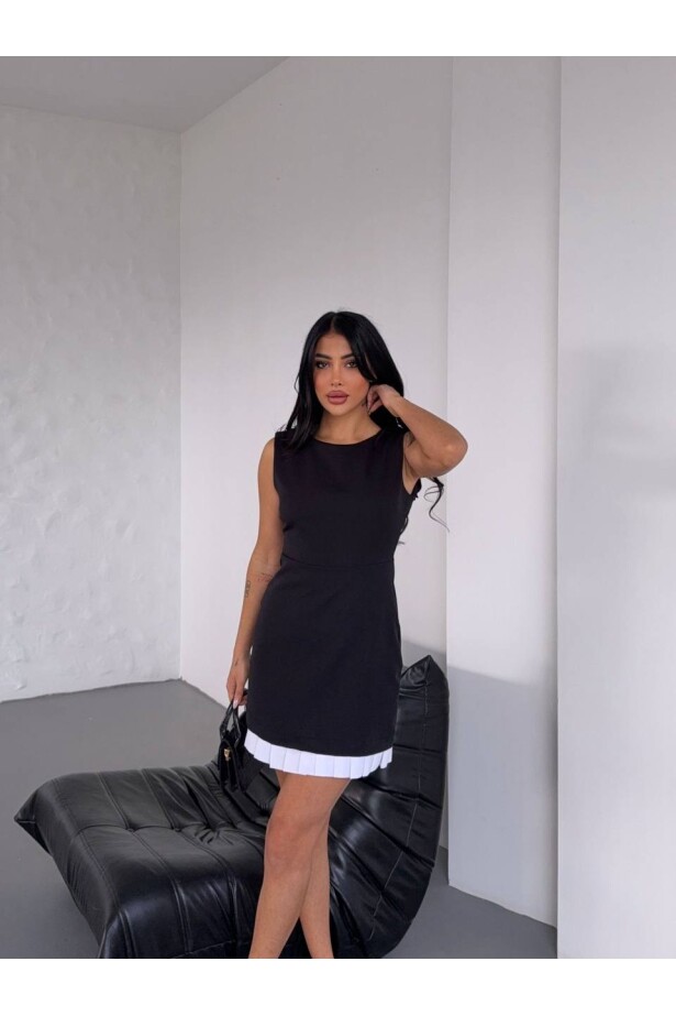 İthal Dabıl Kumaş Pileli Elbise Siyah