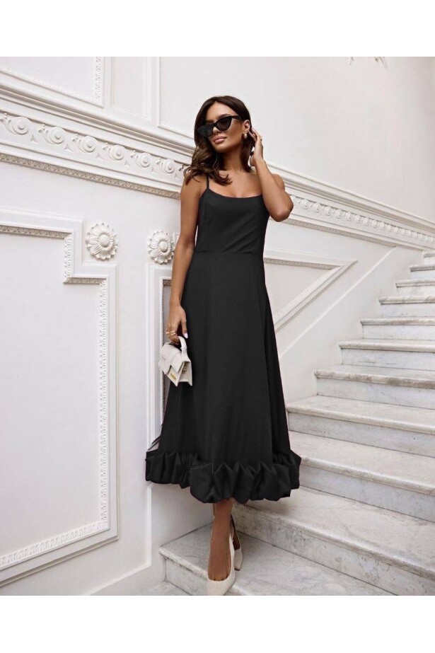 İthal Kumaş Maxi Boy Tasarım Elbise Siyah