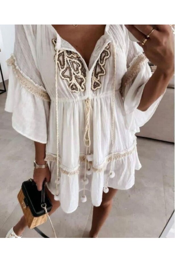 İthal Muslin Kumaş Nakış Detaylı Elbise Ekru