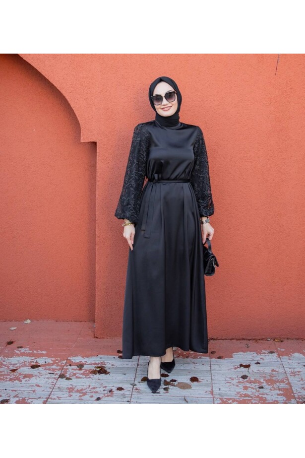 İthal Saten Kumaş Kol Astarlı Tül Detay Elbise