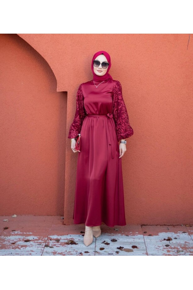 İthal Saten Kumaş Kol Astarlı Tül Detay Elbise Bordo