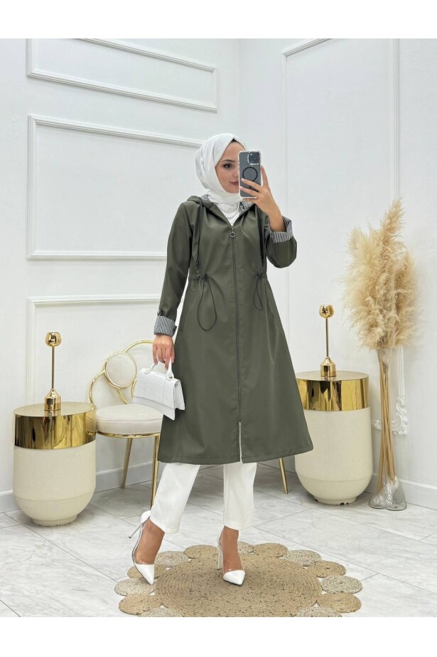 Kapşonlu Haki Bel Detay Trenç