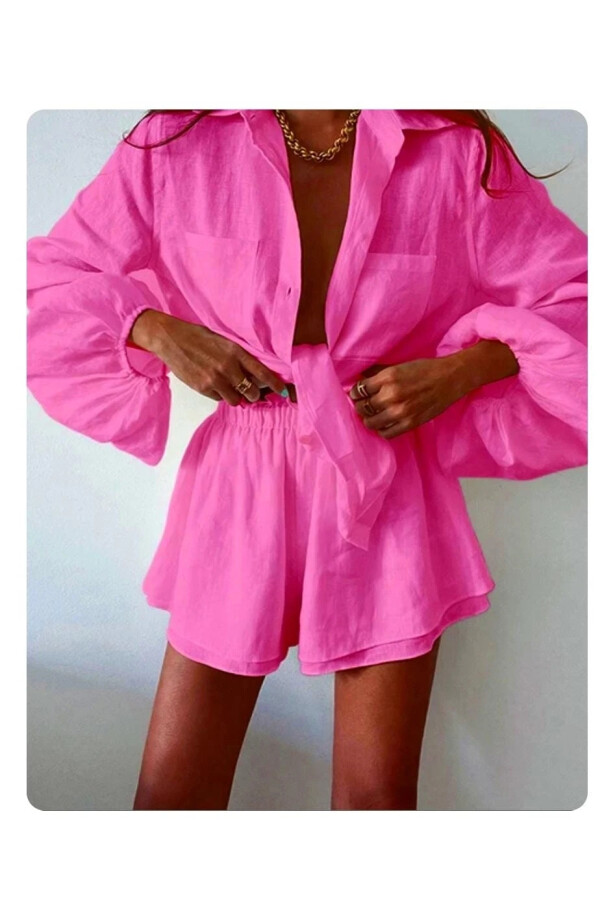 Keten Şort Gömlek Alt Üst Takım 