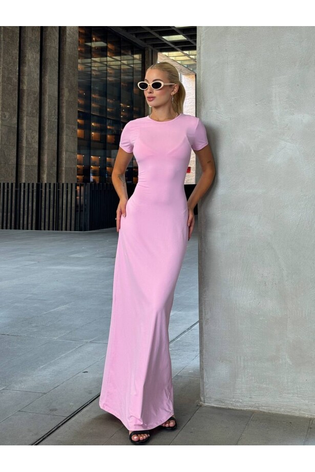 Kısa Kol Bisiklet Yaka Pudra Elbise