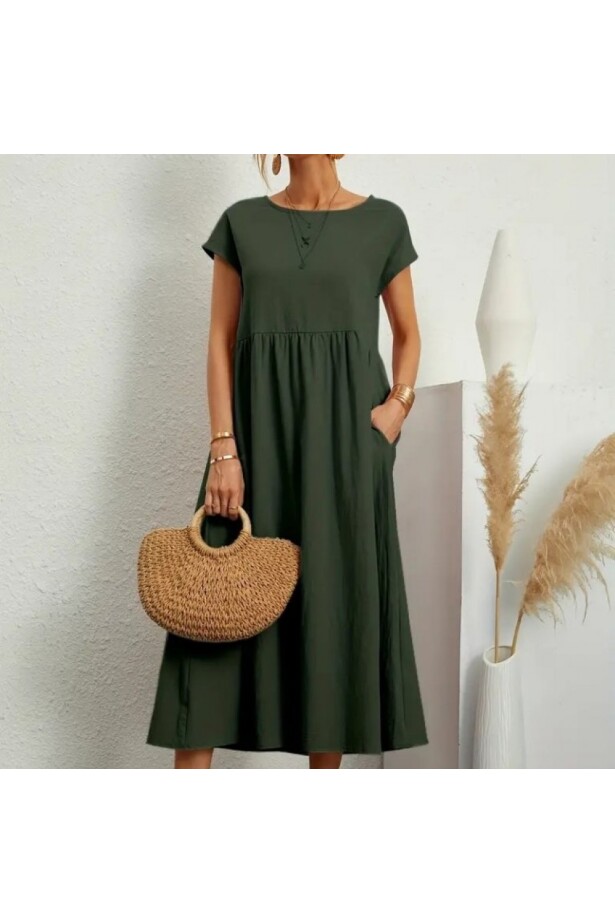 Kısa Kol Bürümcük Midi Boy Salaş Elbise