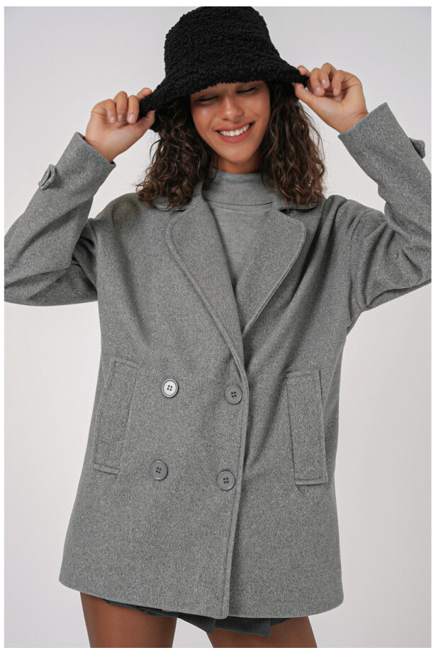 Kruvaze Yaka Kaşe Kaban Gri