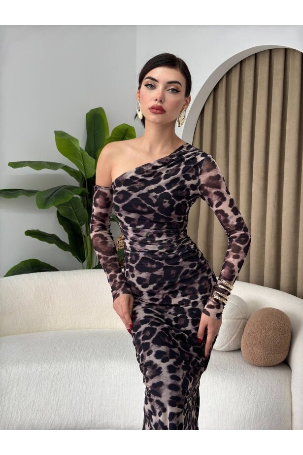 Leopar Desen Tek Kol Elbise