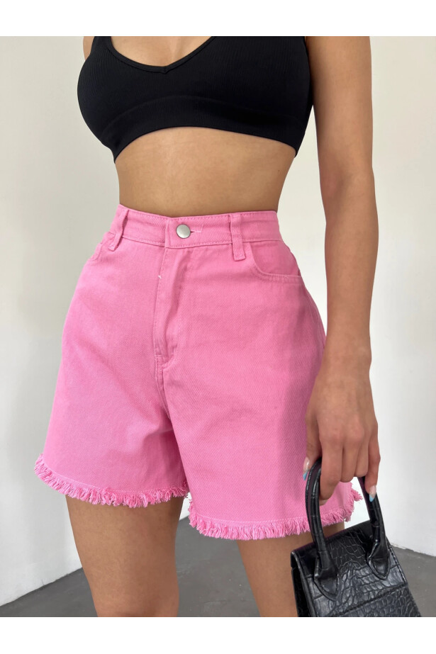 Paçası Püsküllü Yıkamalı Denim Şort