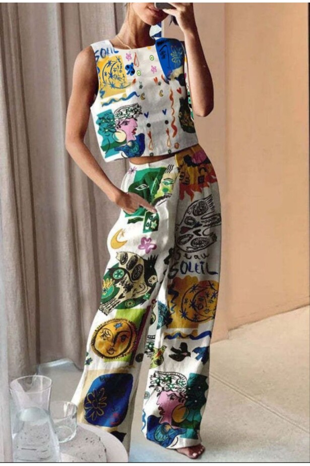 Pantalon Crop Güneş Desenli Alt Üst Takım