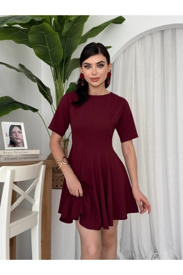 Pileli Mini Elbise Bordo