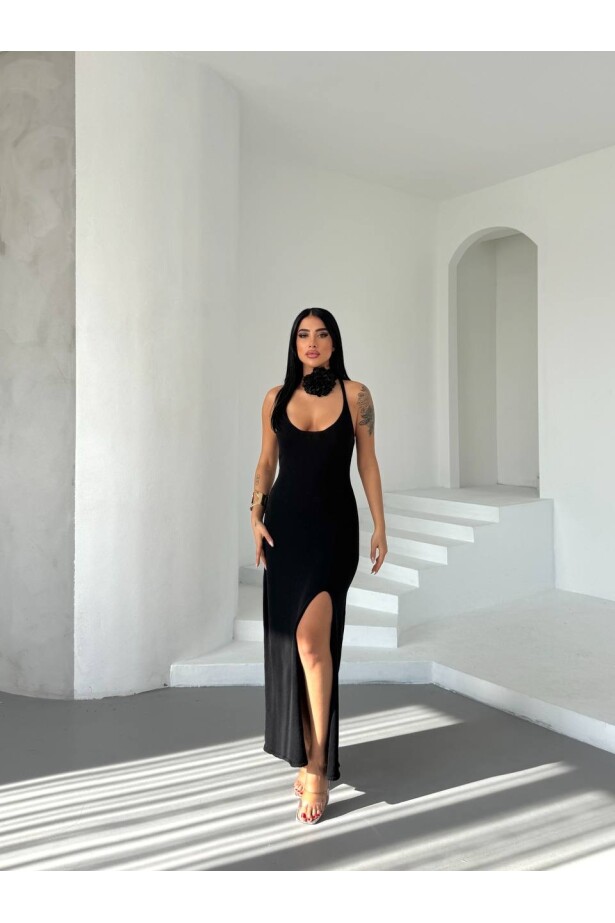 Sırt Çapraz Yırtmaç Detay Triko Elbise Siyah