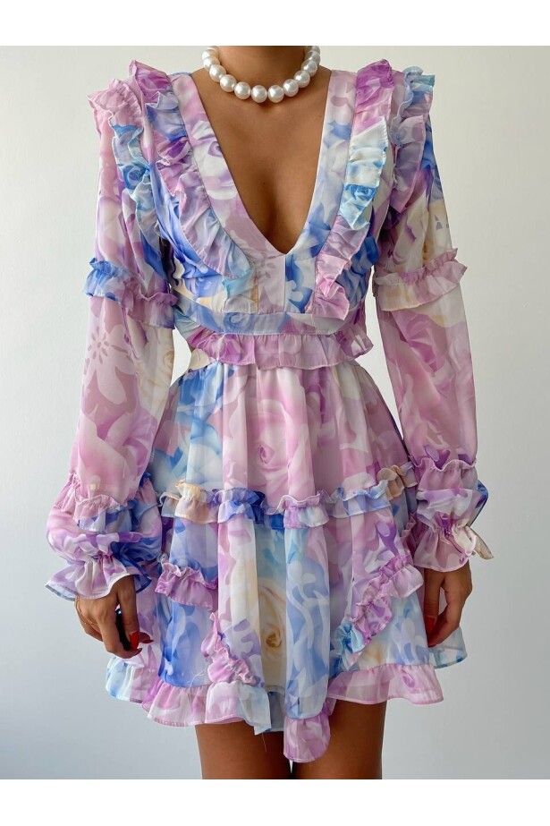 Sırt Dekolteli Mini Elbise Lila