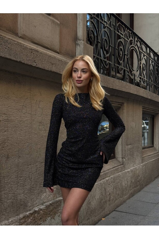 Sırt Dekolteli Simli Elbise Siyah