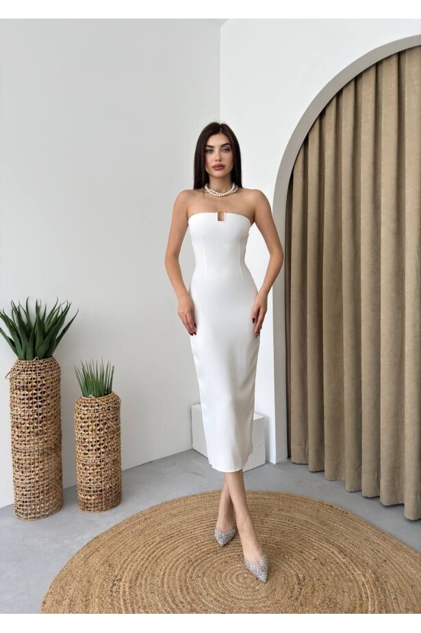 Starplez Gold Detaylı Midi Elbise