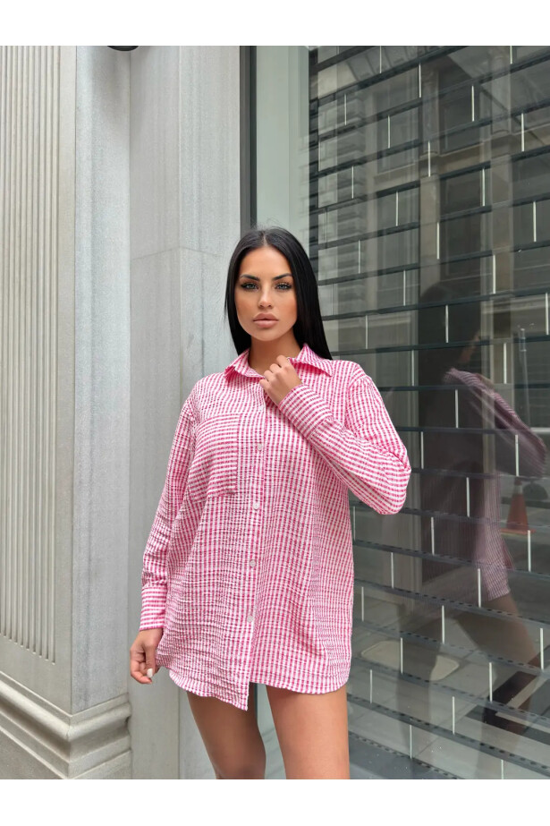 Tek Cep Pembe Çizgili Gofre Gömlek