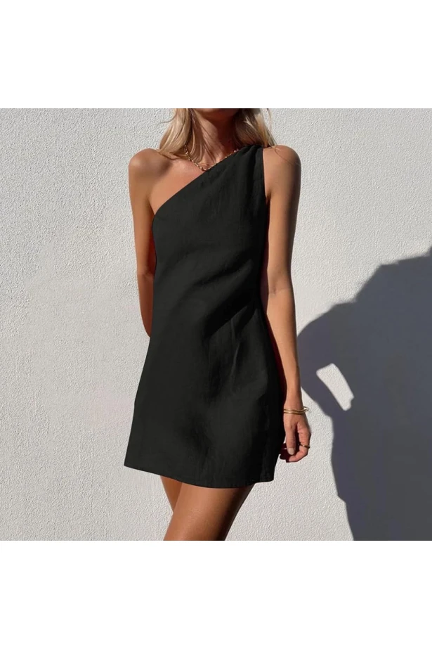 Tek Omuz İthal Keten Elbise