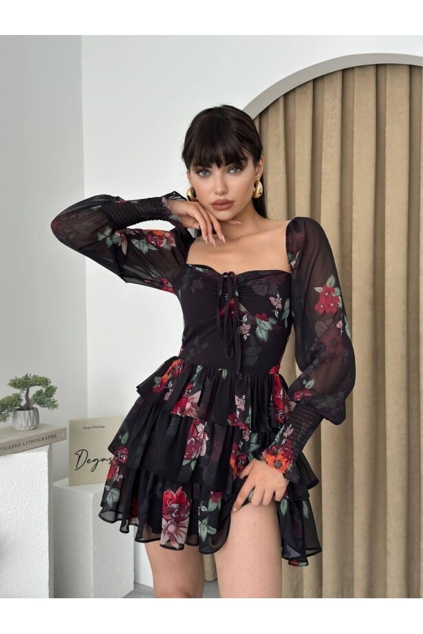 Uzun Kollu Çiçek Desen Şifon Elbise