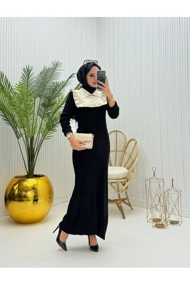 Yaka Detay Triko Elbise Siyah