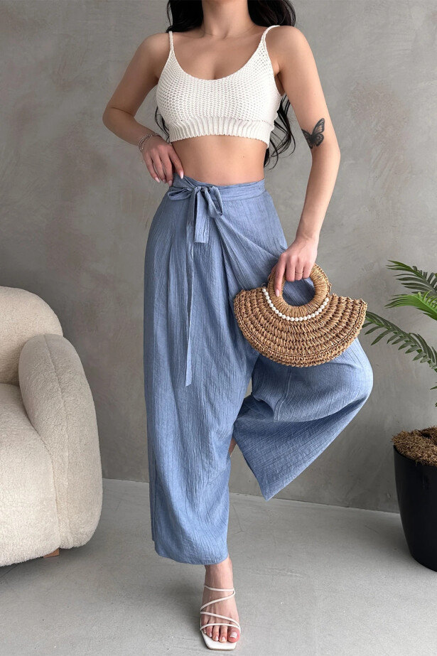 Anvelop Kesim Salaş Keten Dokuma Pantolon Mavi