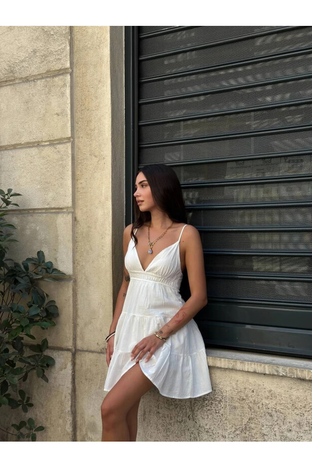 Arkası Bağlama Askılı Keten Elbise Beyaz