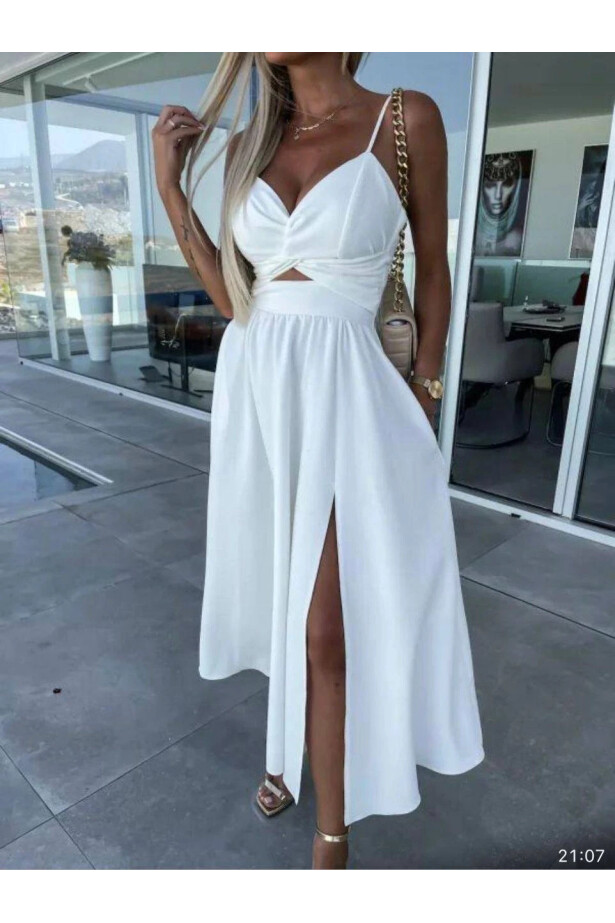 Askılı Dabıl Kumaş Elbise Beyaz