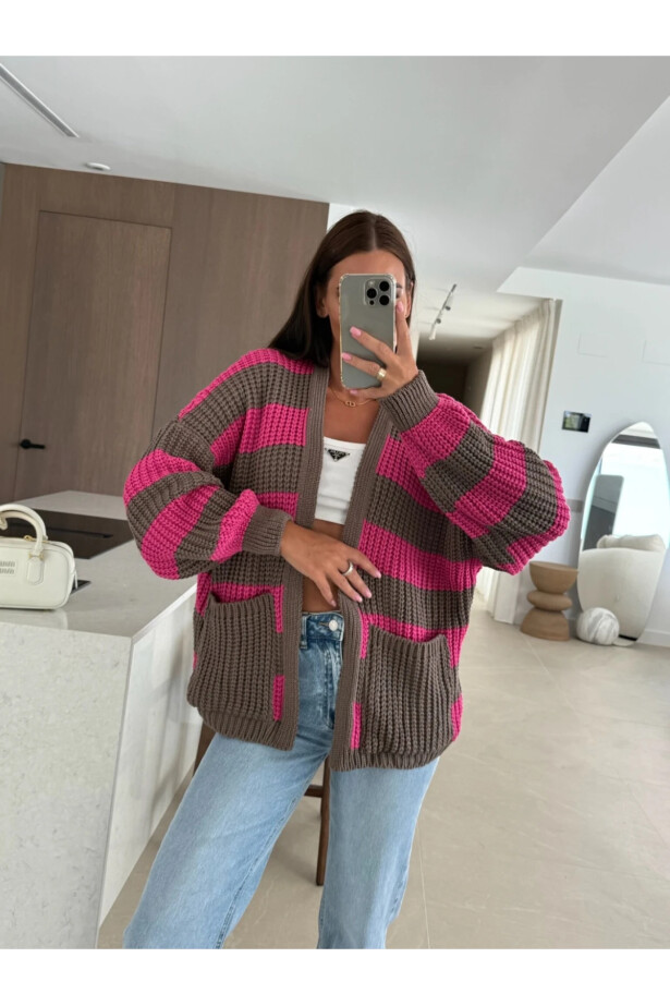 Cepli Çizgili Desen Triko Hırka Pembe