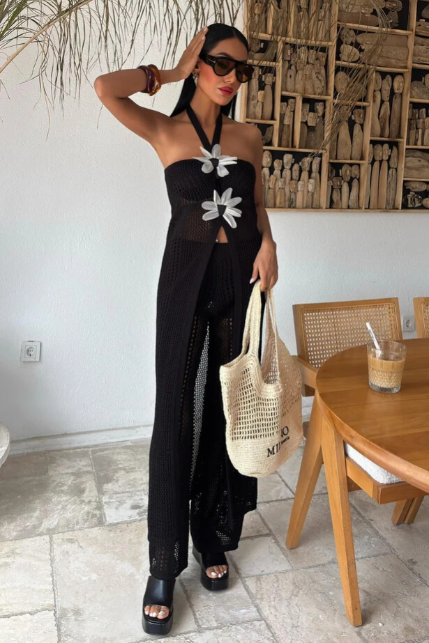 Çiçek Detaylı Tasarım Triko Takım Siyah