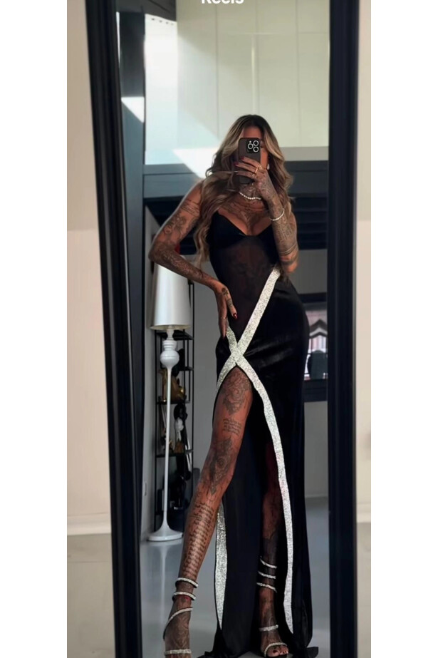 Dalgıç  Kumaş Silikon Taşlı Tüllü Elbise