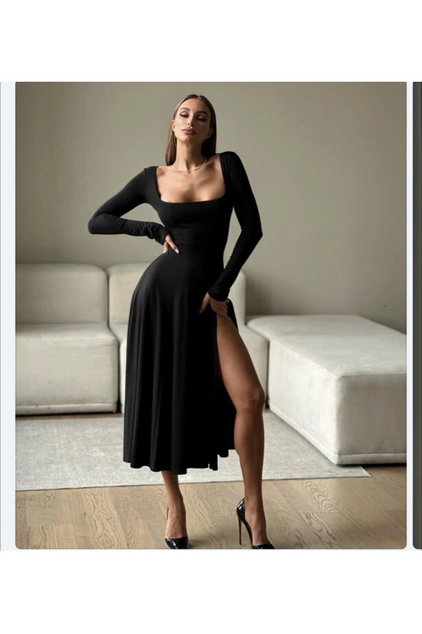 Dalgıç Kumaş Yırtmaçlı Elbise Siyah