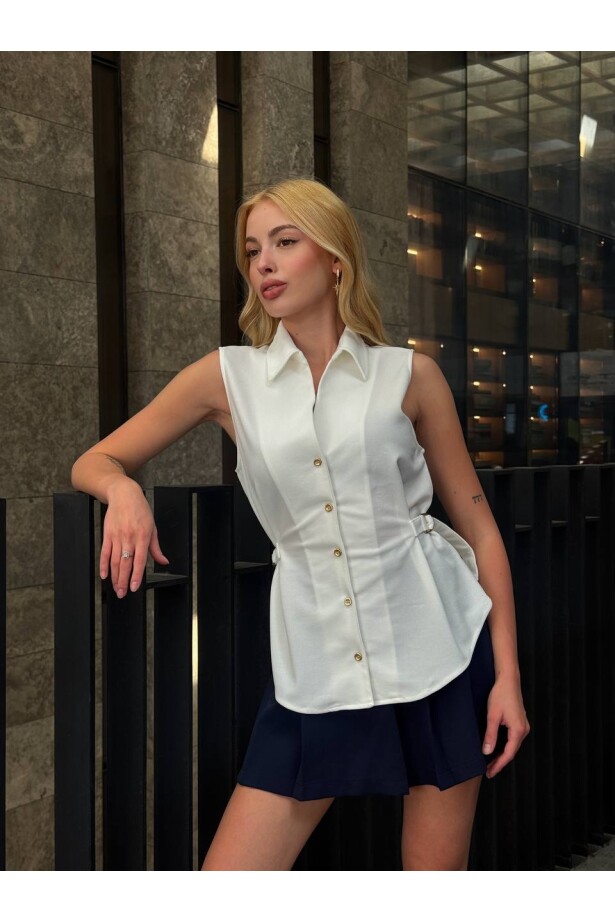 Düğmeli Gömlek Yaka Krep Yelek Beyaz