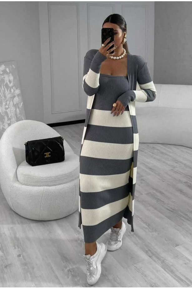 Elbise ve Hırka Çizgili Triko Takım