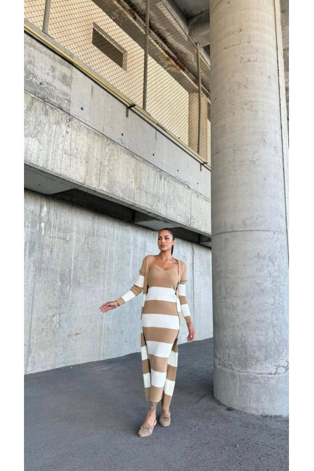 Elbise ve Hırka Çizgili Triko Takım