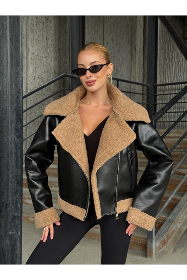Fermuar Detaylı İçi Kürklü Suni Deri Ceket Siyah Kahve