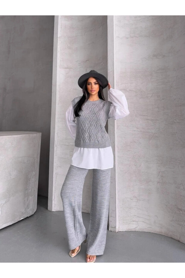 Gömlek Detay Baklava Desen Triko Takım Gri