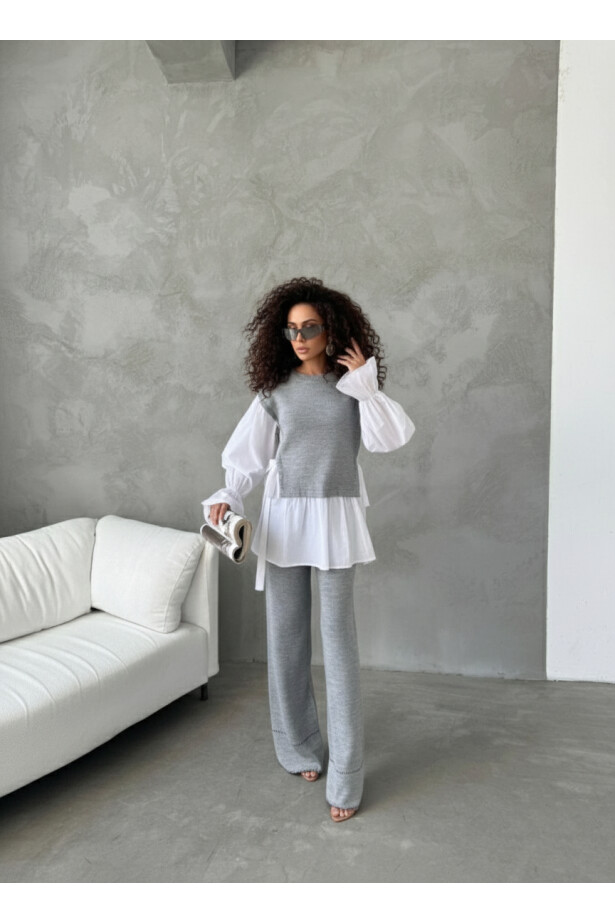 Gömlek Detay Triko Takım Gri