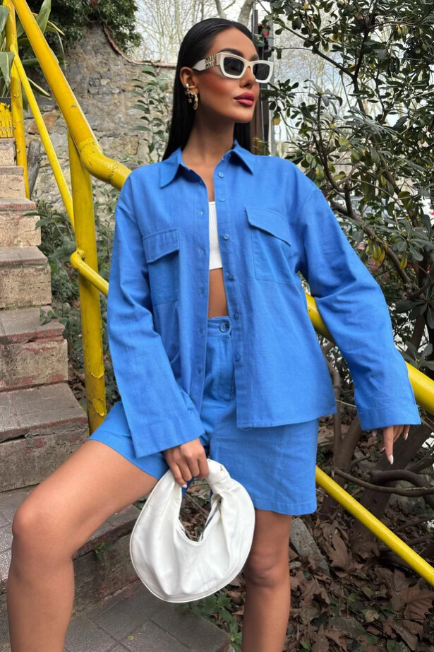 Gömlek ve Şort Flamlı Keten Takım Mavi