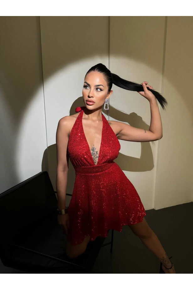 Halter Yaka Payet Kırmızı Elbise