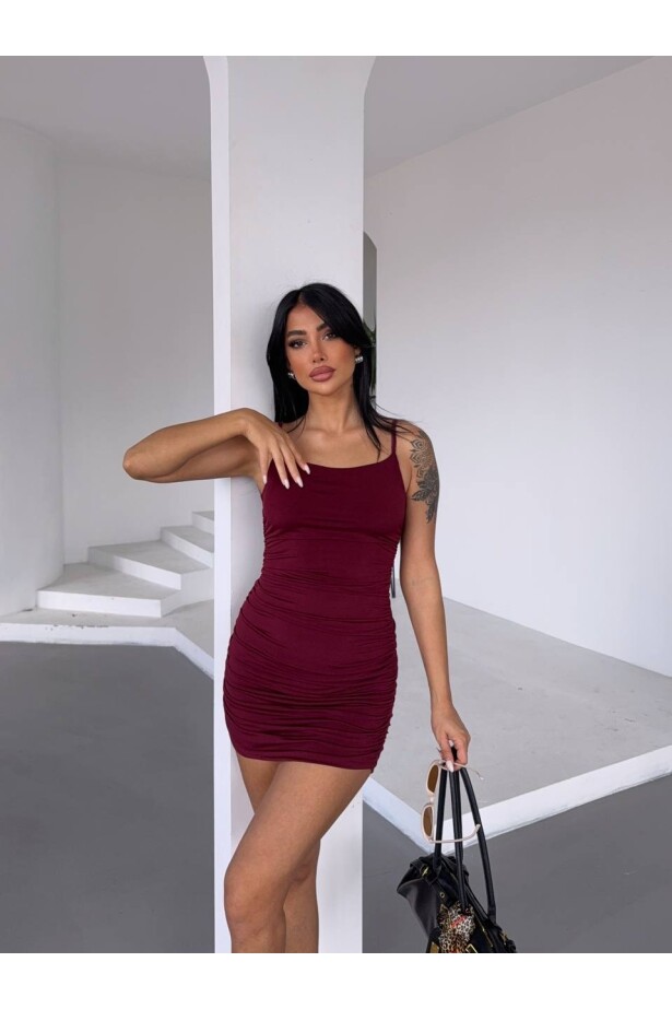 İnce Askılı Sandy Büzgülü Elbise Bordo