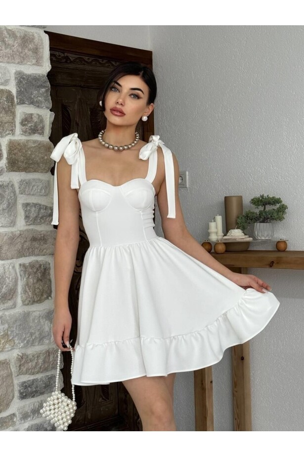 İp Askılı Bağlamalı Atlas Elbise Beyaz