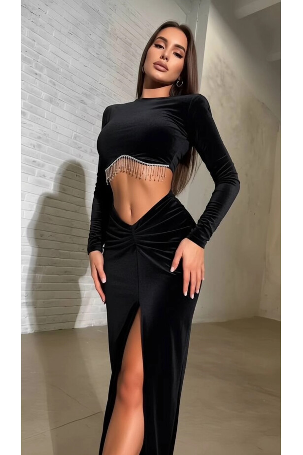 İthal Full Likralı Kadife Taşlı Büstiyer Etek Takım