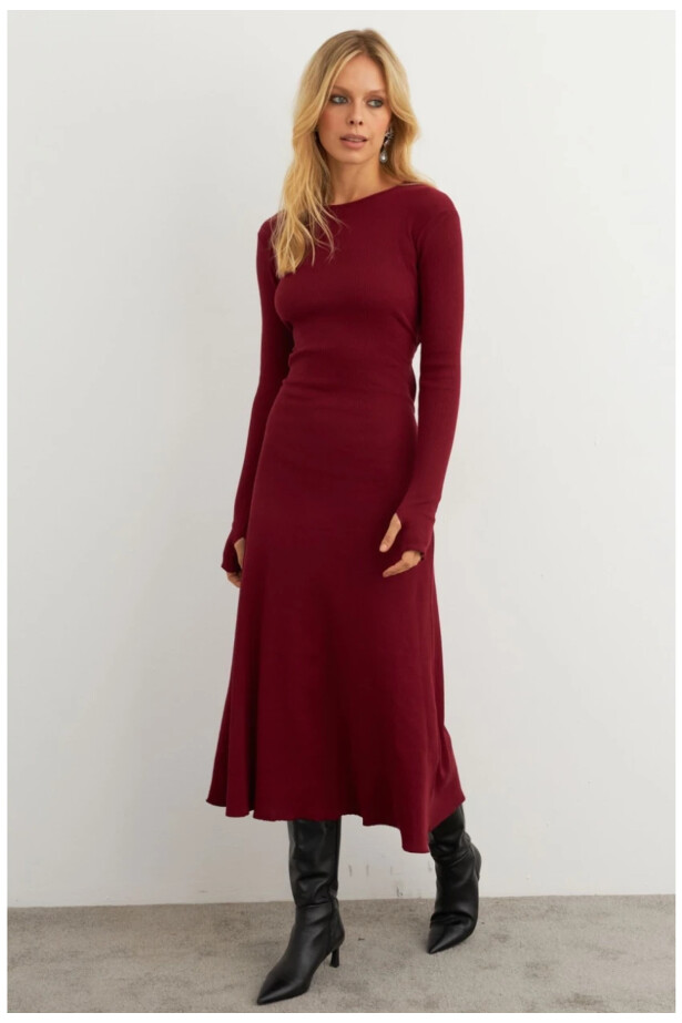 Kadın Bordo Bağlamalı Kaşkorse Midi Elbise MFRY2268