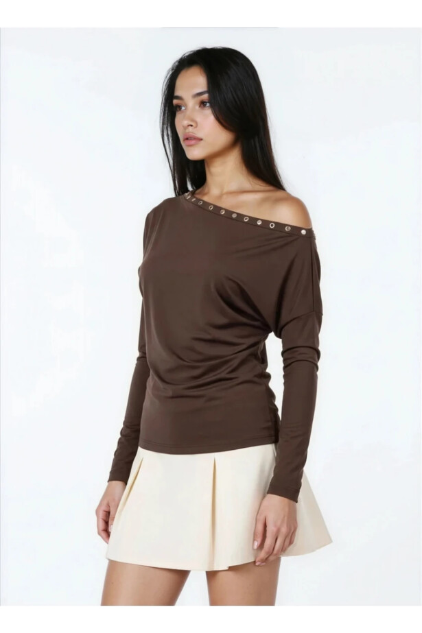 Kadın Kayık Yaka Yarasa Kol Yakası Troklu Lycralı Penye Bluz