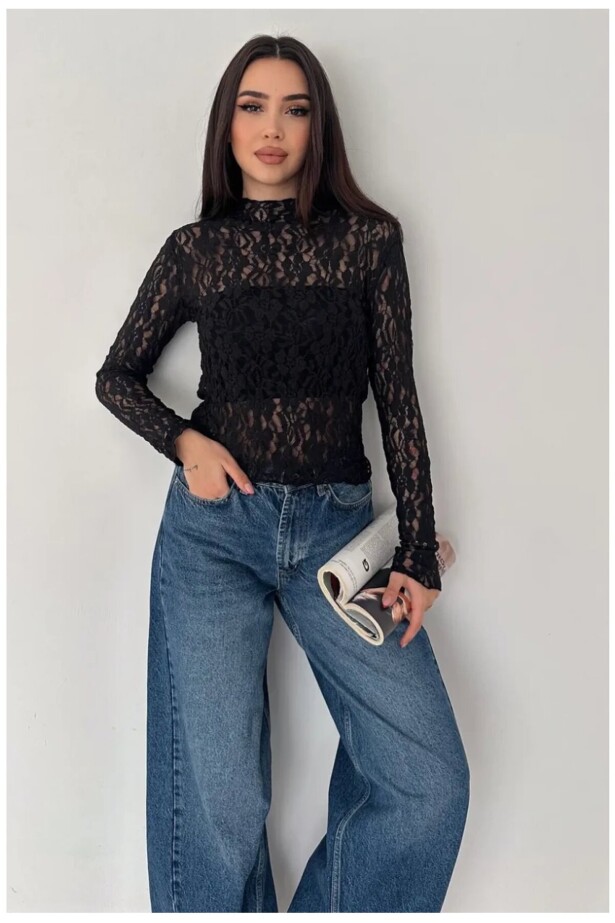 Kadın Transparan Çiçek Desenli Dantel Bluz